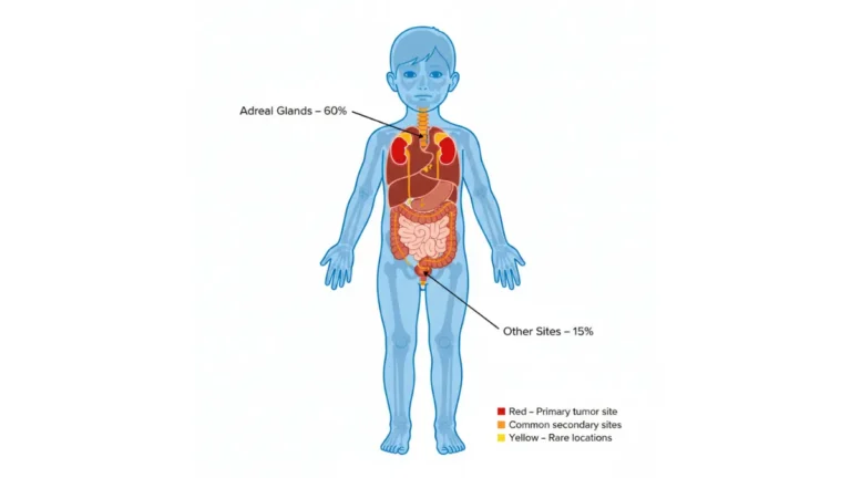 Neuroblastoma anatomy diagram showing pediatric tumor locations including adrenal glands paraspinal ganglia chest neck and pelvis with percentage distribution
