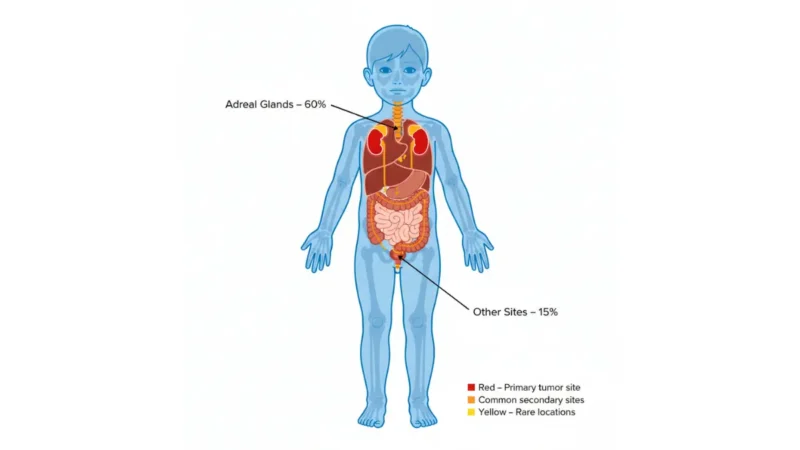 Neuroblastoma anatomy diagram showing pediatric tumor locations including adrenal glands paraspinal ganglia chest neck and pelvis with percentage distribution