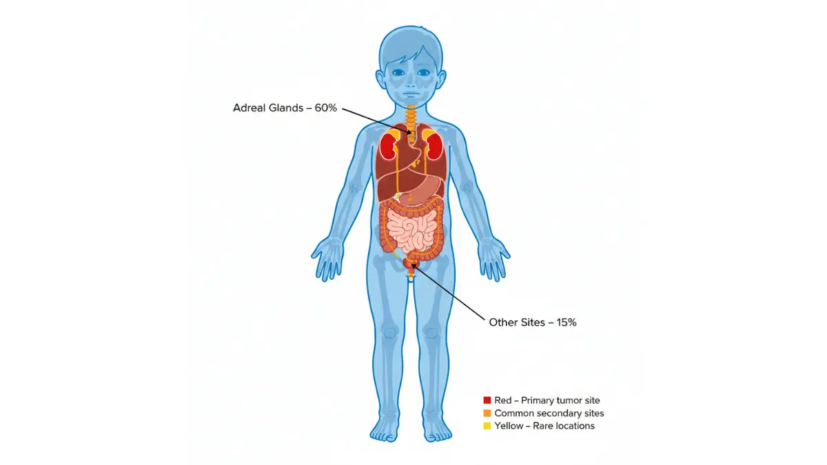 Neuroblastoma anatomy diagram showing pediatric tumor locations including adrenal glands paraspinal ganglia chest neck and pelvis with percentage distribution