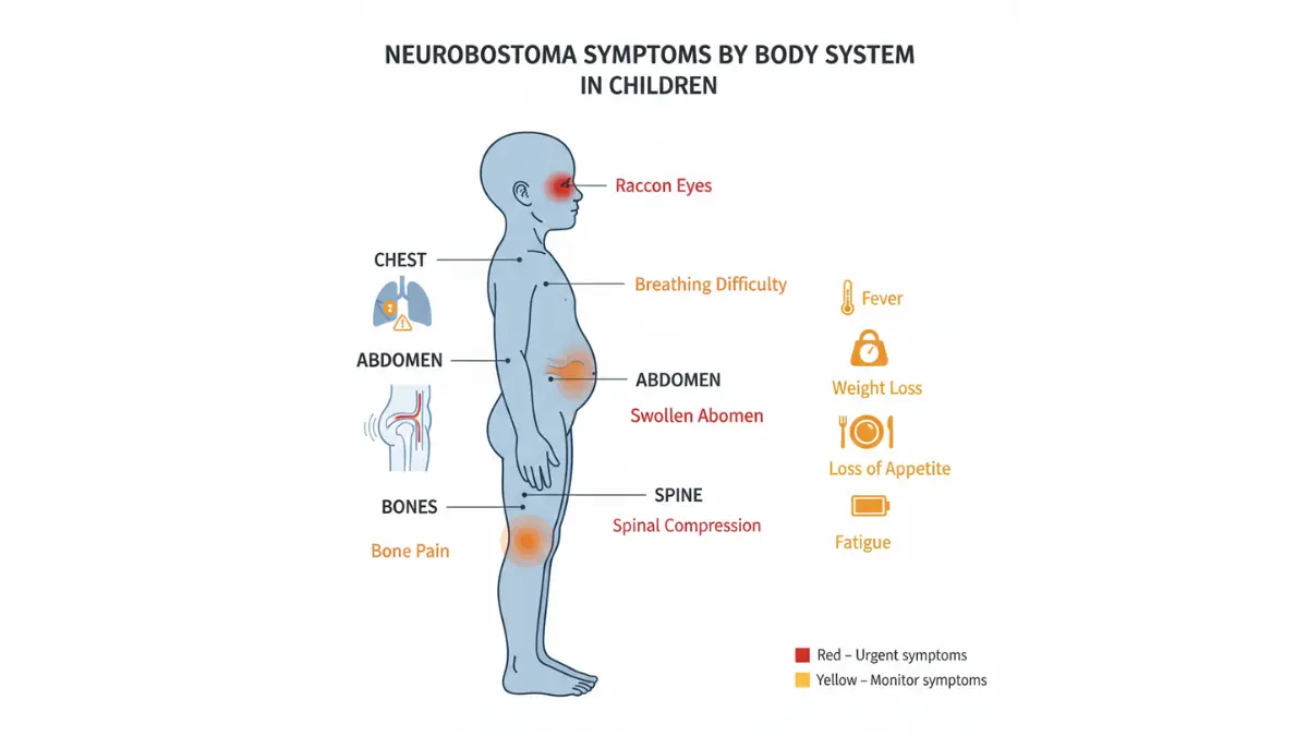 Neuroblastoma symptoms diagram showing raccoon eyes abdominal swelling bone pain breathing difficulty and systemic symptoms in children