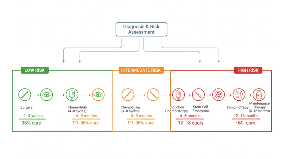 Neuroblastoma treatment flowchart showing low intermediate and high risk pathways including surgery chemotherapy radiation immunotherapy timelines and cure rates