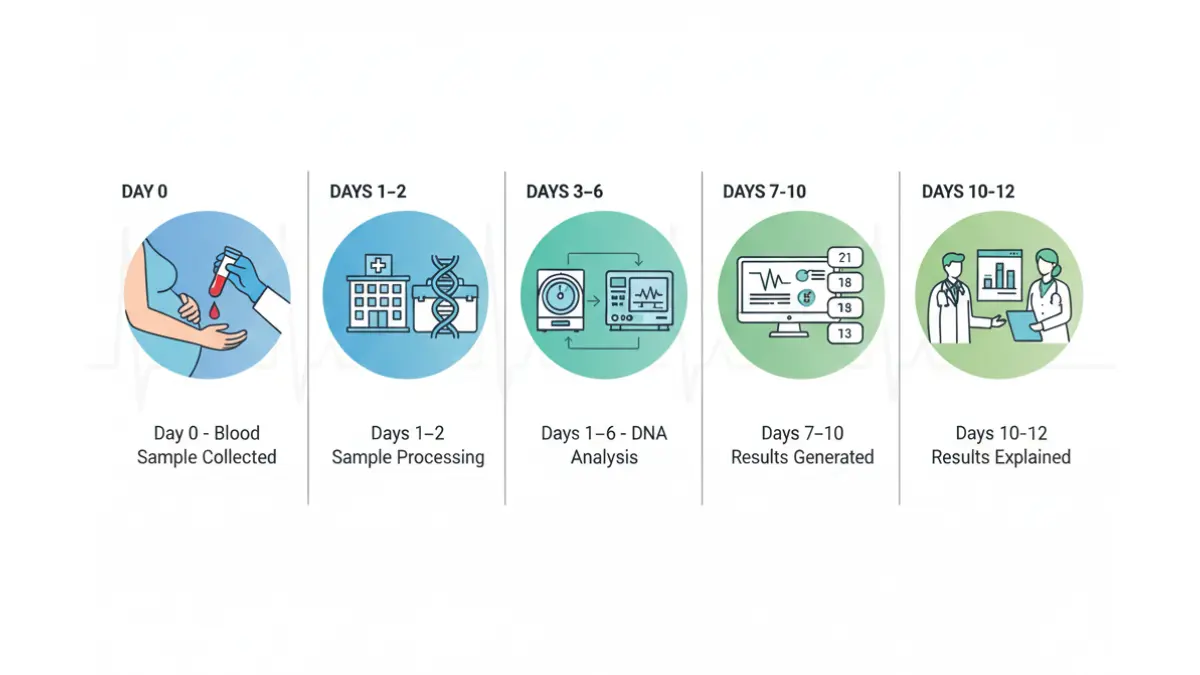 NIPT results timeline showing the 7–10 day testing process from blood draw to laboratory analysis and doctor consultation