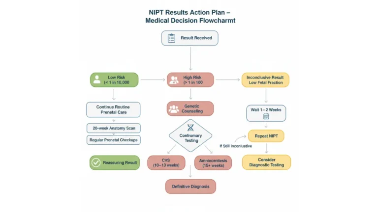 NIPT results decision flowchart showing next steps for low risk, high risk, and inconclusive screening outcomes