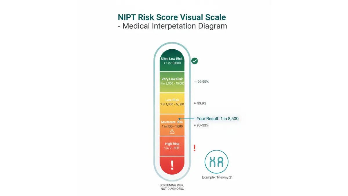 NIPT results risk score scale showing low risk to high risk ranges with percentage equivalents and trisomy example