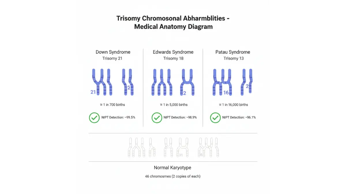 NIPT results diagram comparing trisomy 21, trisomy 18, and trisomy 13 chromosomal abnormalities with normal karyotype