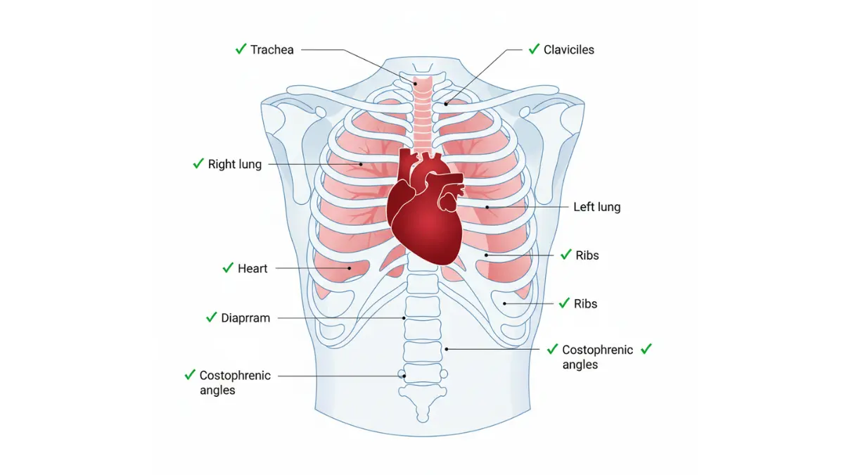 Labeled chest X-ray anatomy diagram showing normal lungs, heart, ribs, and diaphragm structures