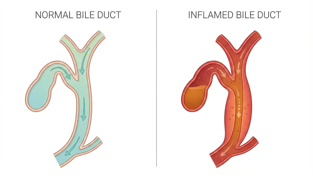 Normal vs inflamed bile duct comparison diagram showing cholangitis features for EMG Results context