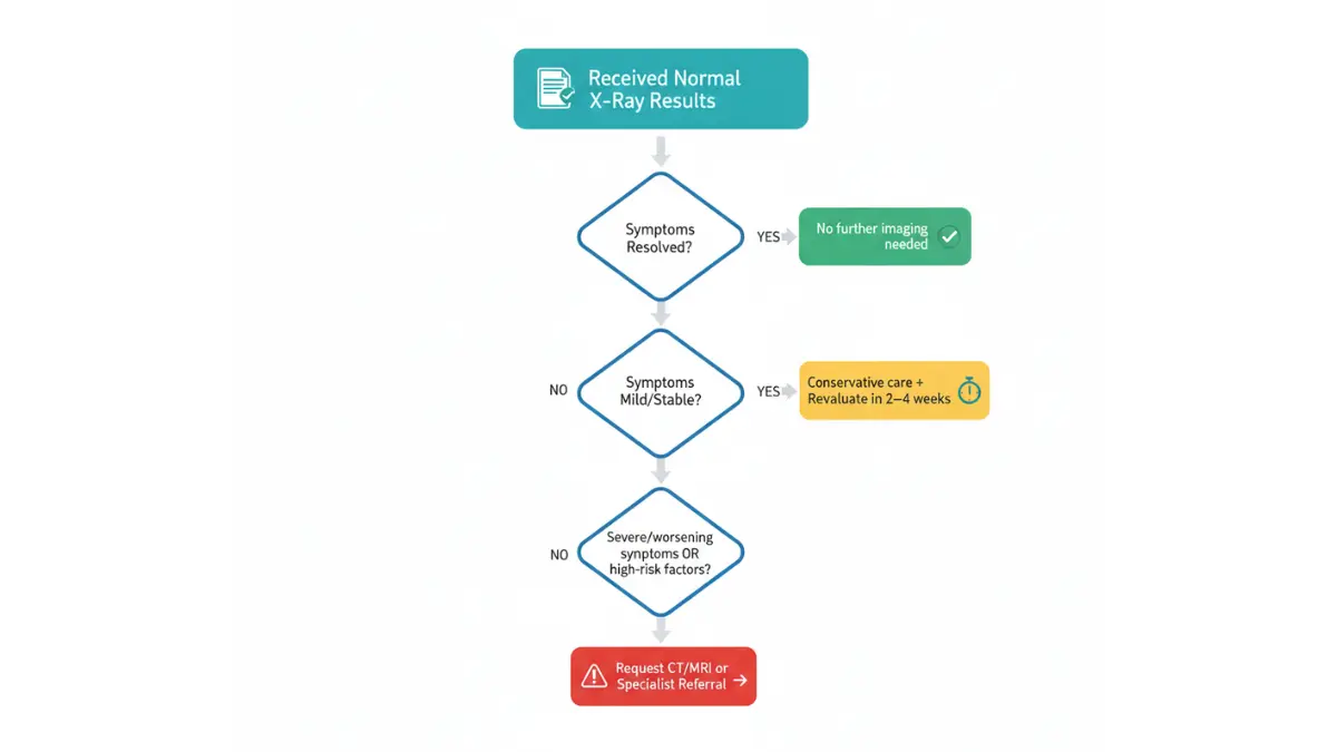 Flowchart showing patient decision pathway after normal X-ray results based on symptoms and severity