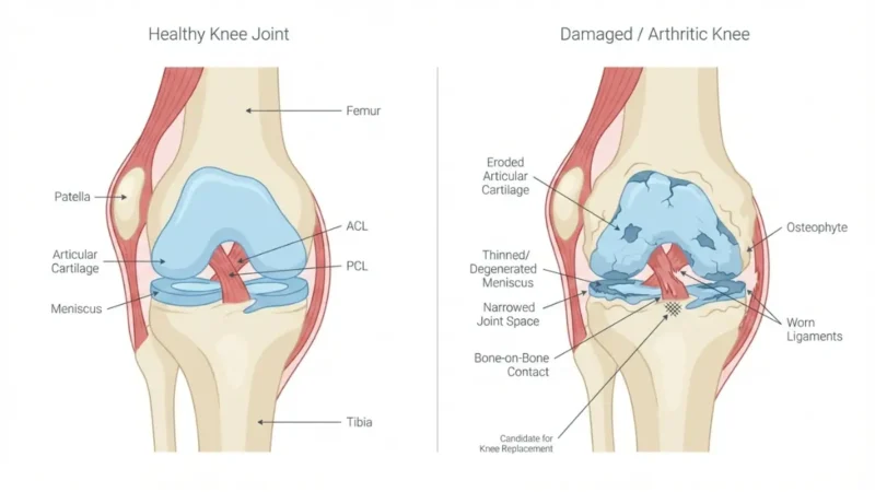 Norovirus knee anatomy cross section diagram showing femur tibia patella meniscus ligaments and cartilage