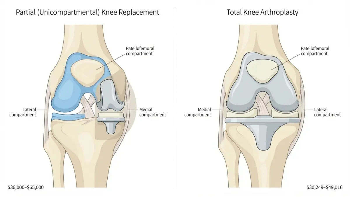 Norovirus partial vs total knee replacement comparison showing implant coverage and joint compartments