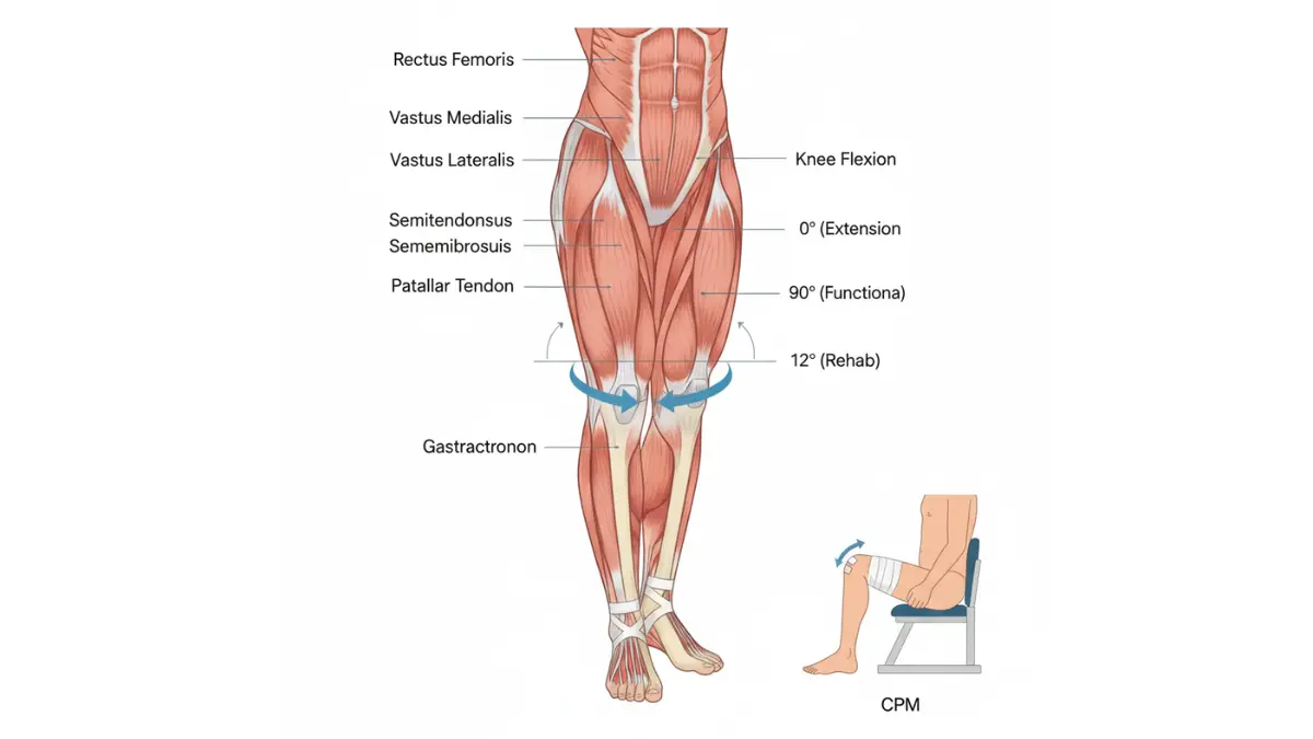 Norovirus post knee surgery recovery anatomy showing quadriceps hamstrings calf muscles and knee movement