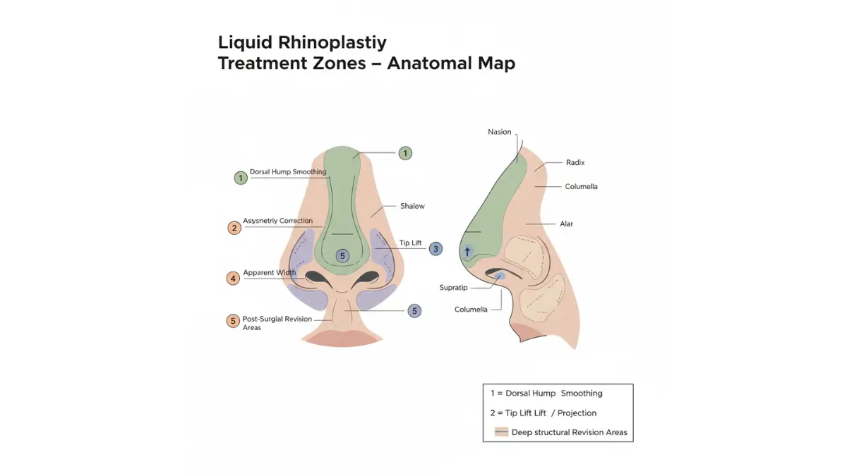 Nose Job liquid rhinoplasty treatment zones illustrated on nasal anatomy