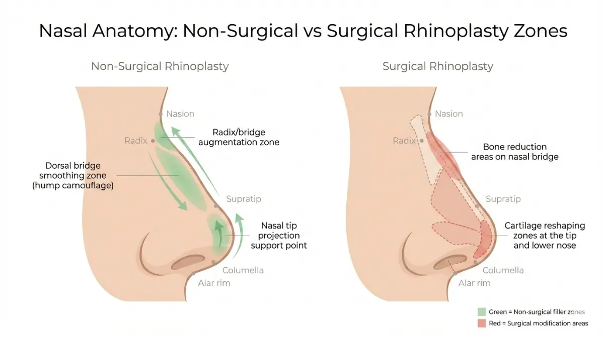 Nose Job nasal anatomy diagram showing non-surgical and surgical treatment zones
