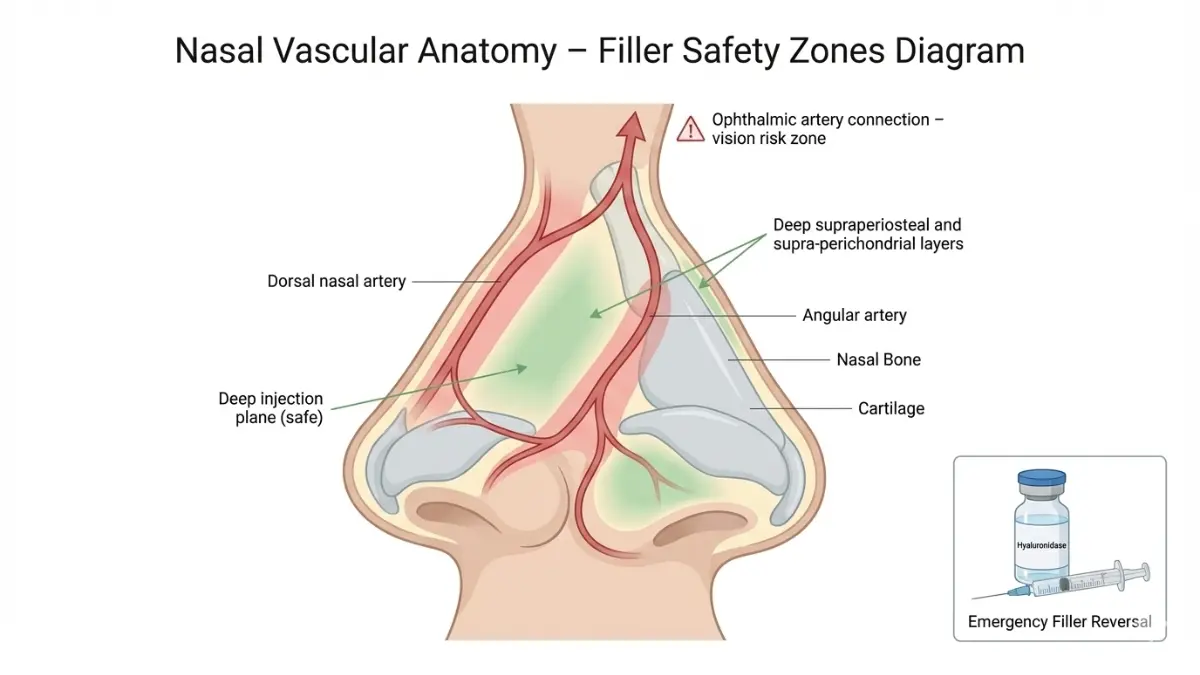 Nose Job nasal vascular anatomy showing filler danger and safety zones