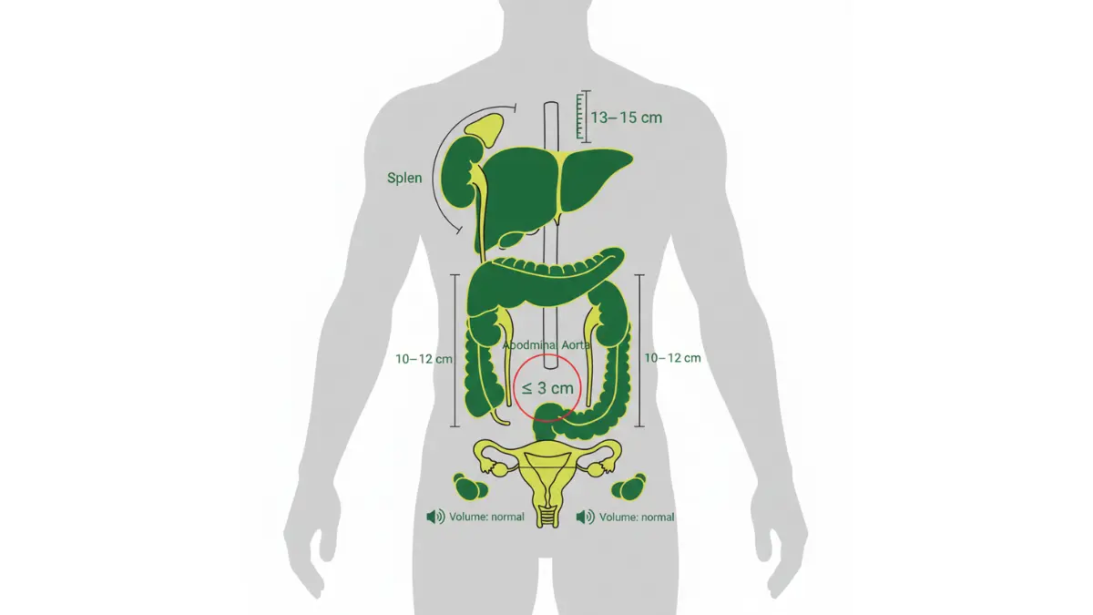 Medical diagram showing normal organ size measurements on ultrasound for liver, kidneys, spleen, uterus, ovaries, and aorta
