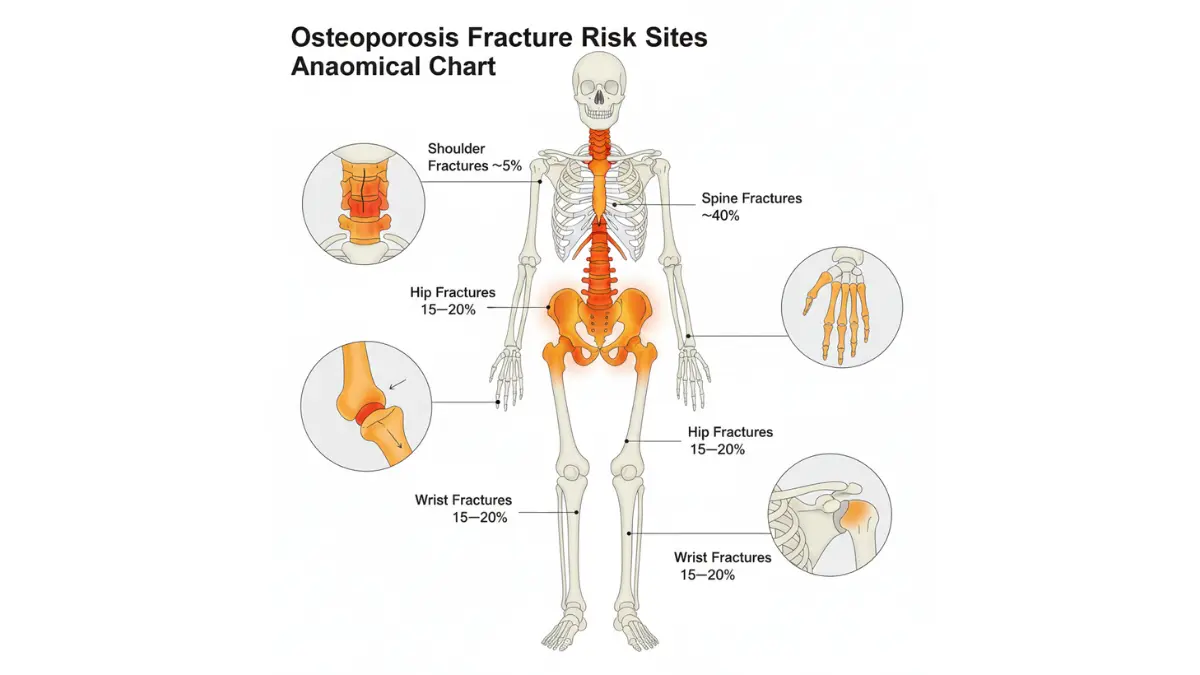 Medical skeletal chart highlighting osteoporosis fracture risk zones in spine, hip, wrist, and shoulder with T-Score relevance
