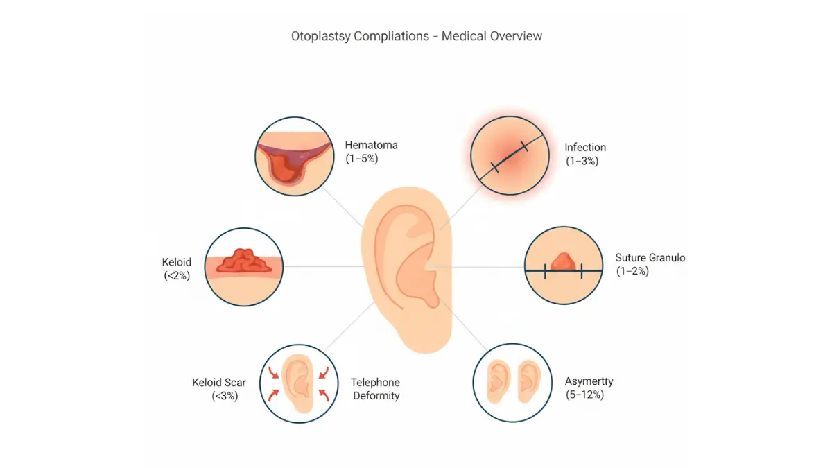 Otoplasty medical diagram highlighting complications such as hematoma, infection, suture granuloma, asymmetry, telephone ear deformity and keloid scarring.