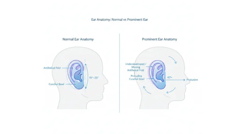 Otoplasty medical diagram showing normal vs prominent ear anatomy, antihelical fold differences, conchal bowl shape and ear-to-head angle comparison.