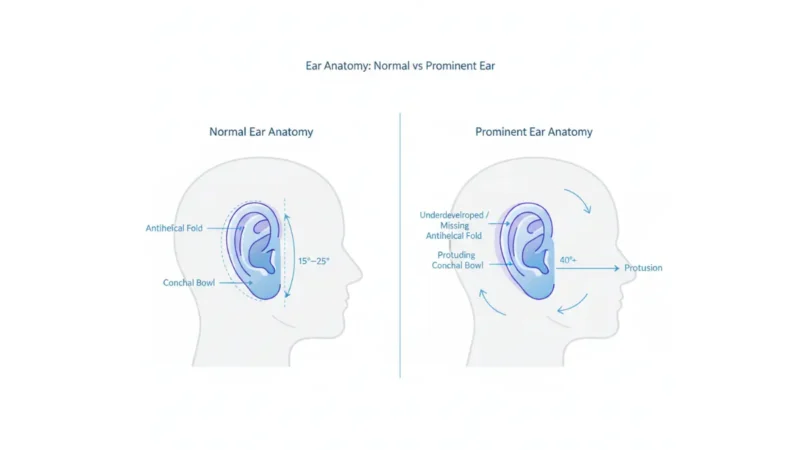 Otoplasty medical diagram showing normal vs prominent ear anatomy, antihelical fold differences, conchal bowl shape and ear-to-head angle comparison.