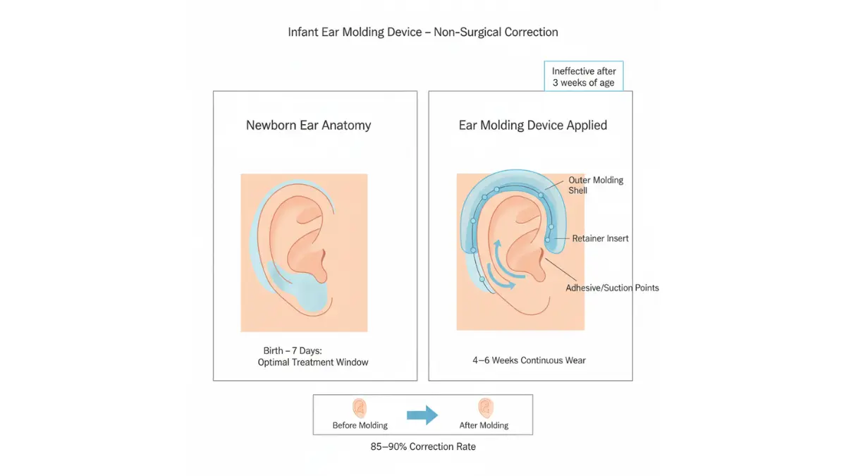 Otoplasty infant ear molding diagram showing newborn cartilage anatomy, EarWell device application and before-and-after non-surgical correction results.