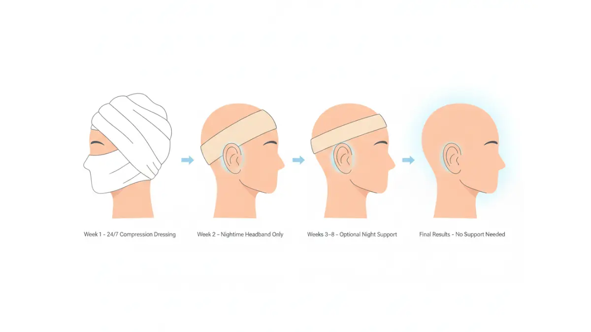 Otoplasty recovery diagram showing compression bandaging stages from week 1 to final healed results with headband usage timeline.