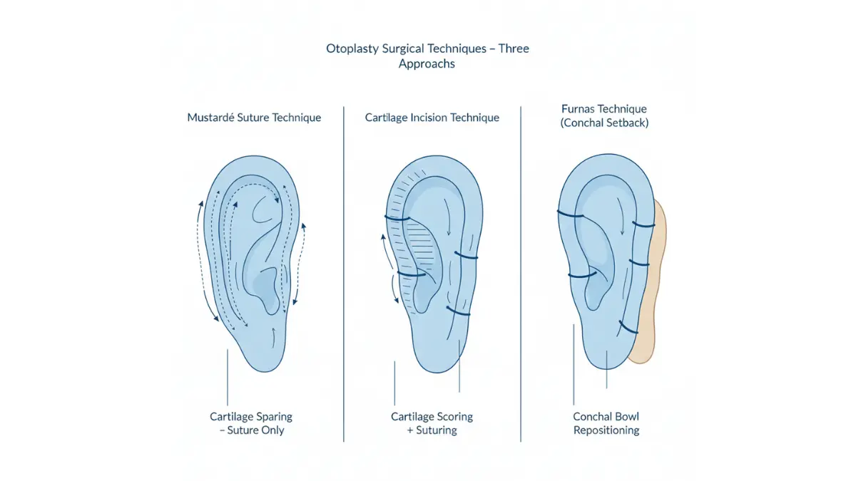 Otoplasty medical illustration showing Mustarde sutures, cartilage scoring technique, and Furnas conchal repositioning surgical methods.