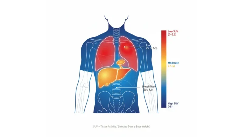 PET scan SUV anatomy diagram showing metabolic activity levels in liver, lung nodule, and lymph node