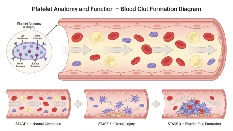 Platelet count anatomy diagram showing platelet structure and clot formation process inside a blood vessel