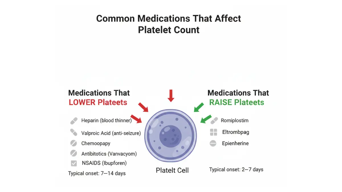 Platelet count medication infographic showing drugs that increase or decrease platelet levels