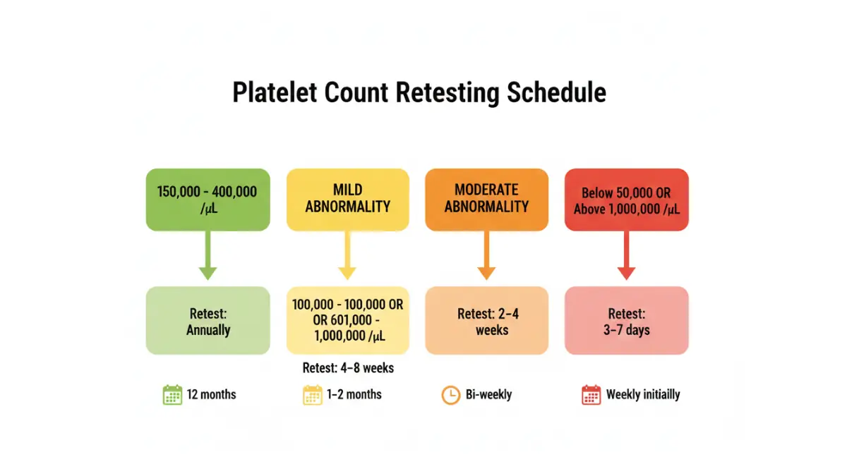 Platelet count retesting schedule flowchart showing follow-up timelines based on severity