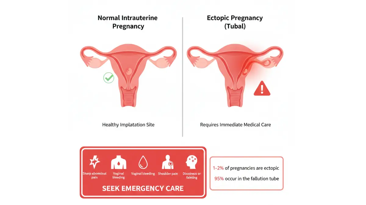 Medical diagram comparing normal pregnancy and ectopic pregnancy with warning signs after pregnancy test positive
