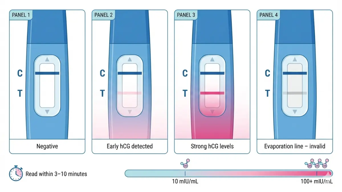 Pregnancy test result interpretation medical diagram explaining faint line, clear positive, and evaporation line after pregnancy test positive