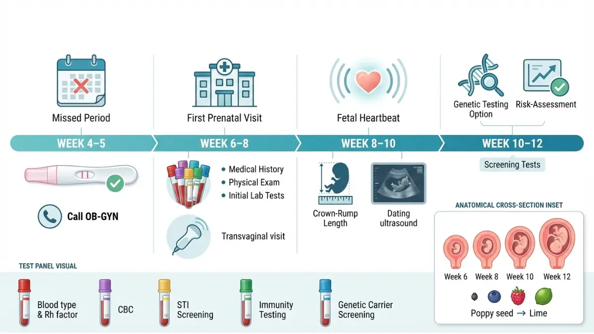 First trimester prenatal care timeline medical diagram showing tests and ultrasounds after pregnancy test positive