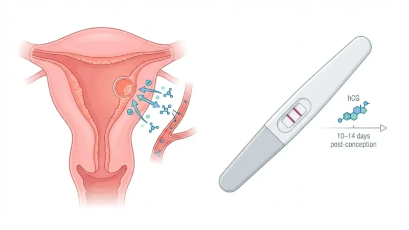 Medical illustration showing uterus implantation and hCG hormone detection after pregnancy test positive