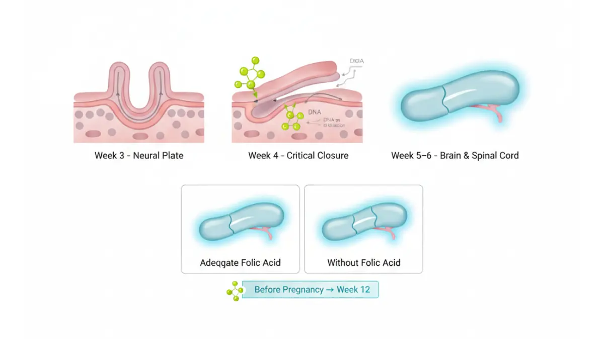 Medical diagram showing neural tube development stages and folic acid protection after pregnancy test positive