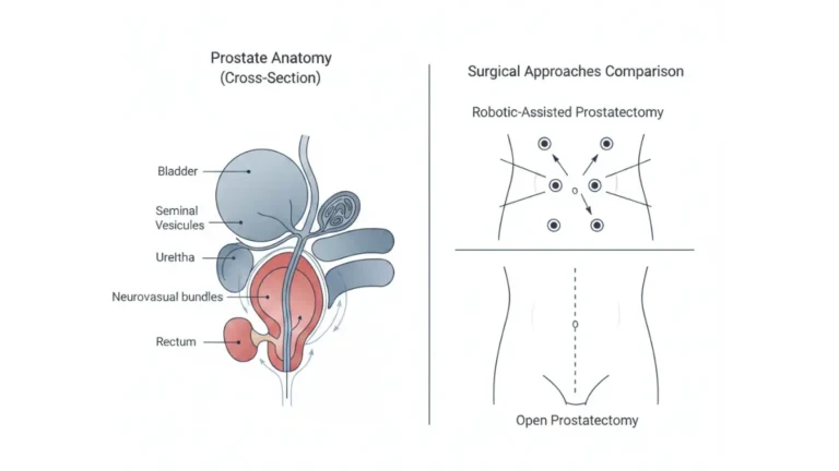 Prostate Surgery anatomy diagram showing prostate, bladder, urethra, nerves, robotic ports, and open surgery incision comparison