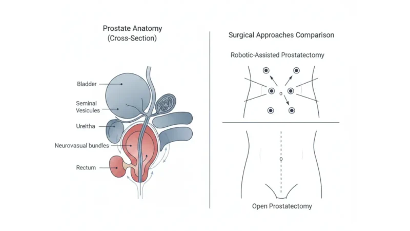 Prostate Surgery anatomy diagram showing prostate, bladder, urethra, nerves, robotic ports, and open surgery incision comparison