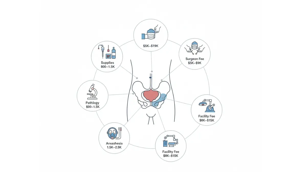 Prostate Surgery cost infographic showing surgeon fee, facility charges, anesthesia, pathology, and supplies breakdown
