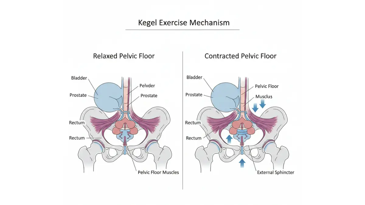 Prostate Surgery pelvic floor diagram showing relaxed vs contracted Kegel muscle movement and sphincter support