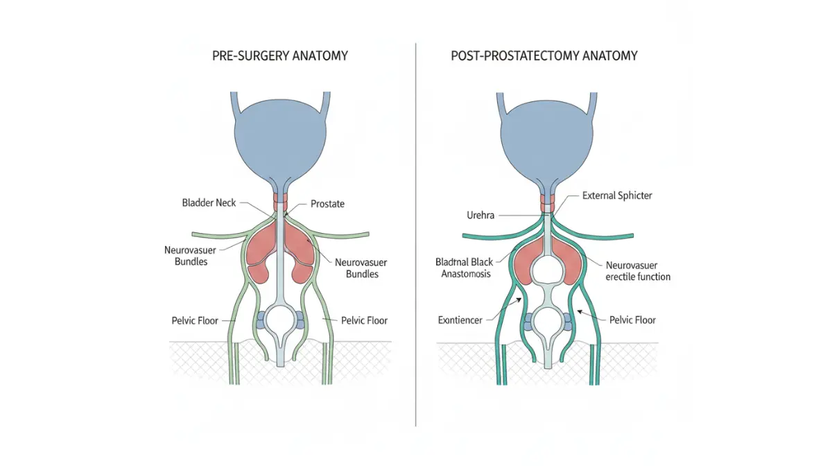 Prostate Surgery post-prostatectomy anatomy comparison showing bladder neck reconstruction, nerve preservation, and sphincter function