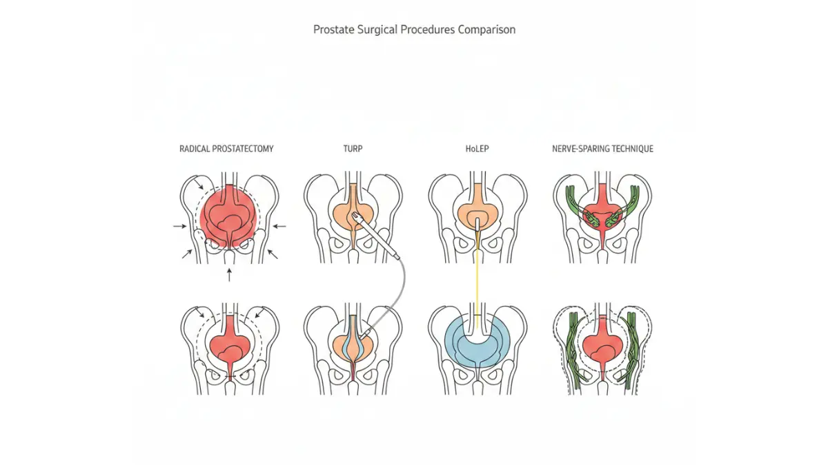 Prostate Surgery 4-panel diagram showing radical prostatectomy, TURP, HoLEP laser, and nerve-sparing technique compared