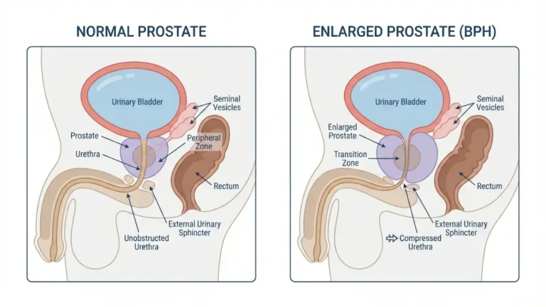 Prostate Surgery anatomy diagram showing prostate gland cross-section with bladder, urethra, transition zone and peripheral zone