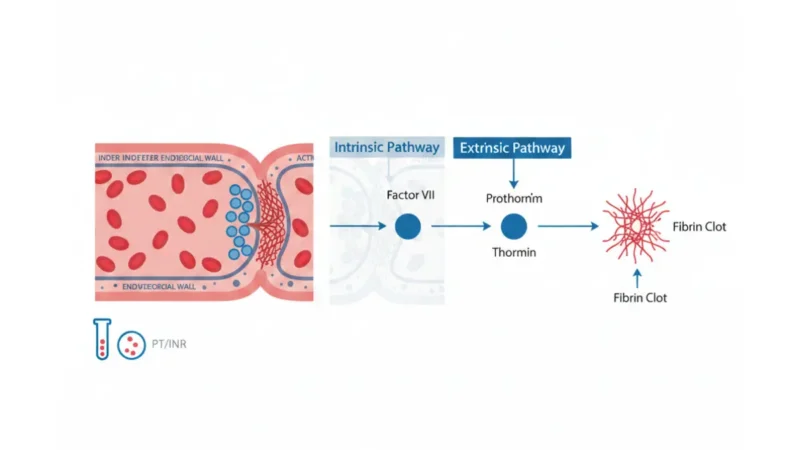 Medical anatomy diagram showing blood clotting cascade and prothrombin time pathway for PT/INR testing