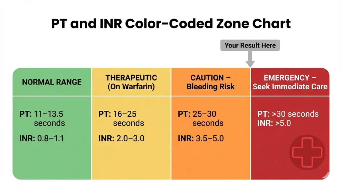 Coagulation Test Results visualized with a PT and INR color-coded zone chart showing normal, therapeutic, caution, and emergency ranges