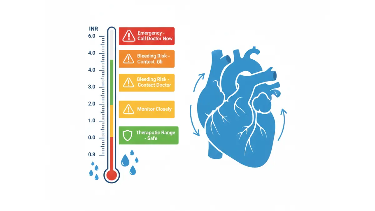 INR levels gauge showing therapeutic, warning, and emergency zones for PT/INR results interpretation
