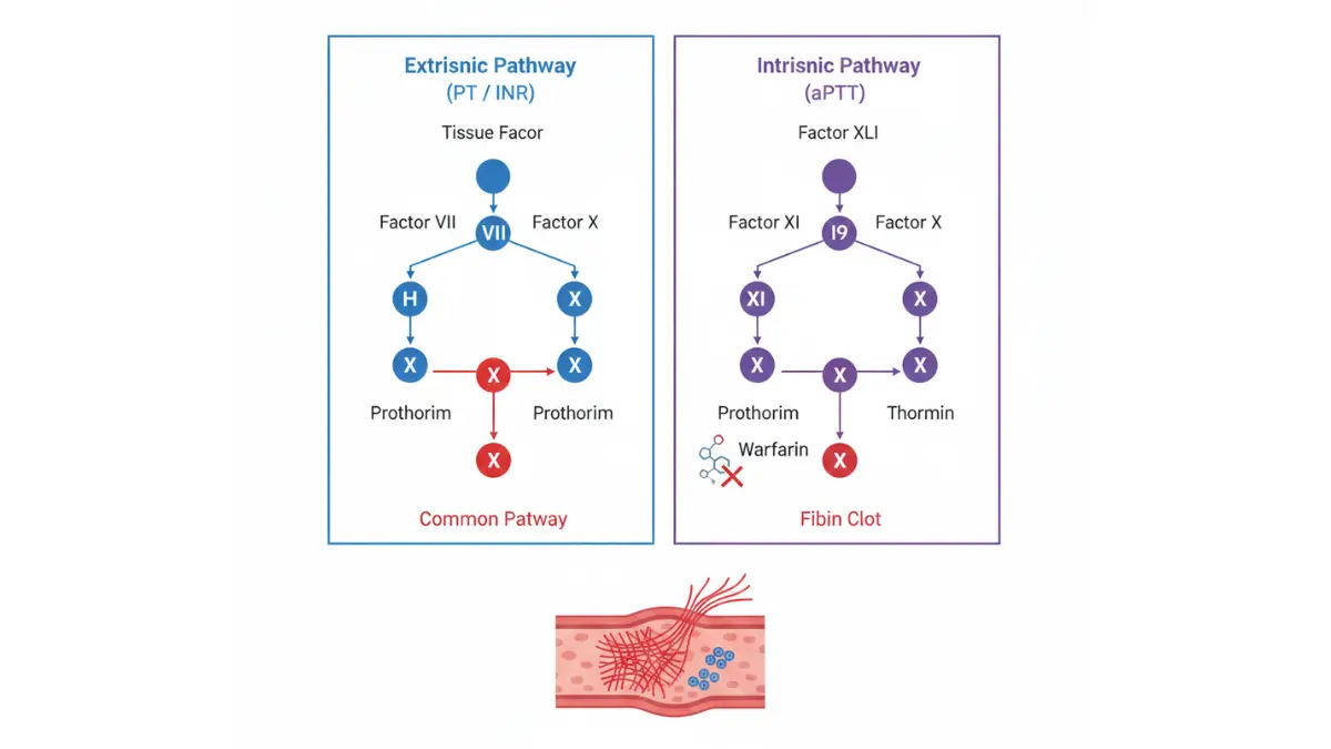 Side-by-side clotting pathway diagram comparing extrinsic and intrinsic pathways measured by PT/INR and aPTT