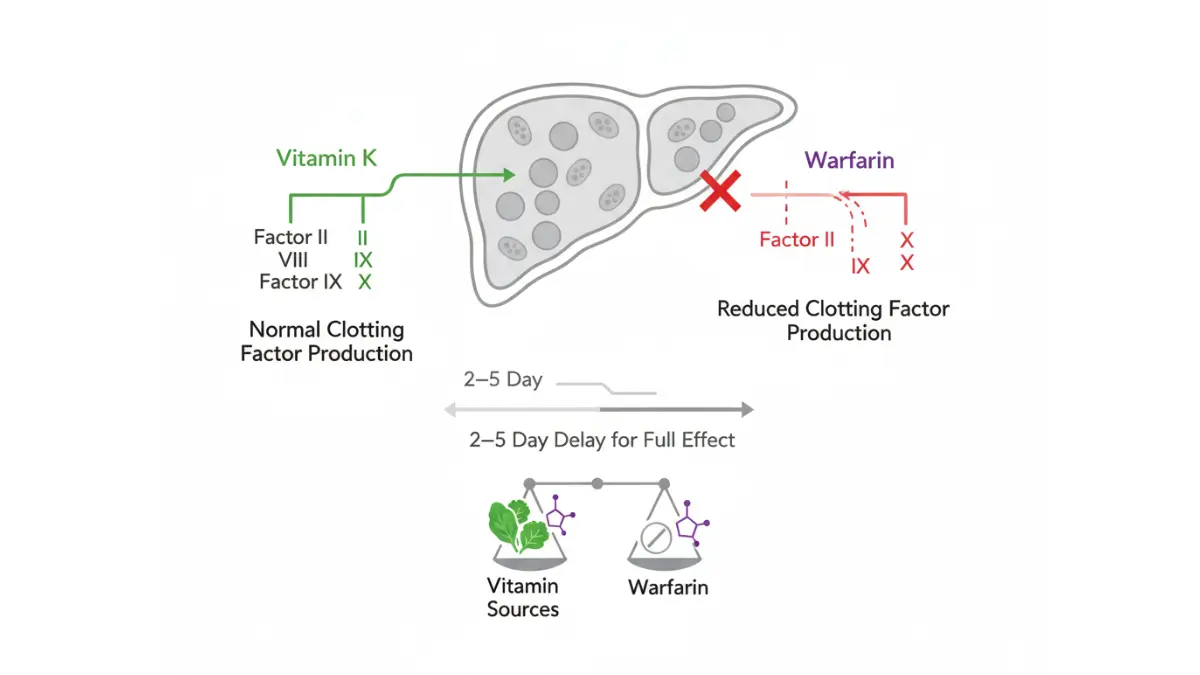 Medical diagram showing how warfarin blocks vitamin K in the liver to reduce clotting factors affecting PT/INR