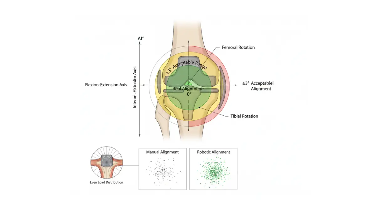 Total Knee Replacement robotic alignment diagram showing optimal implant positioning angles and precision compared to manual technique