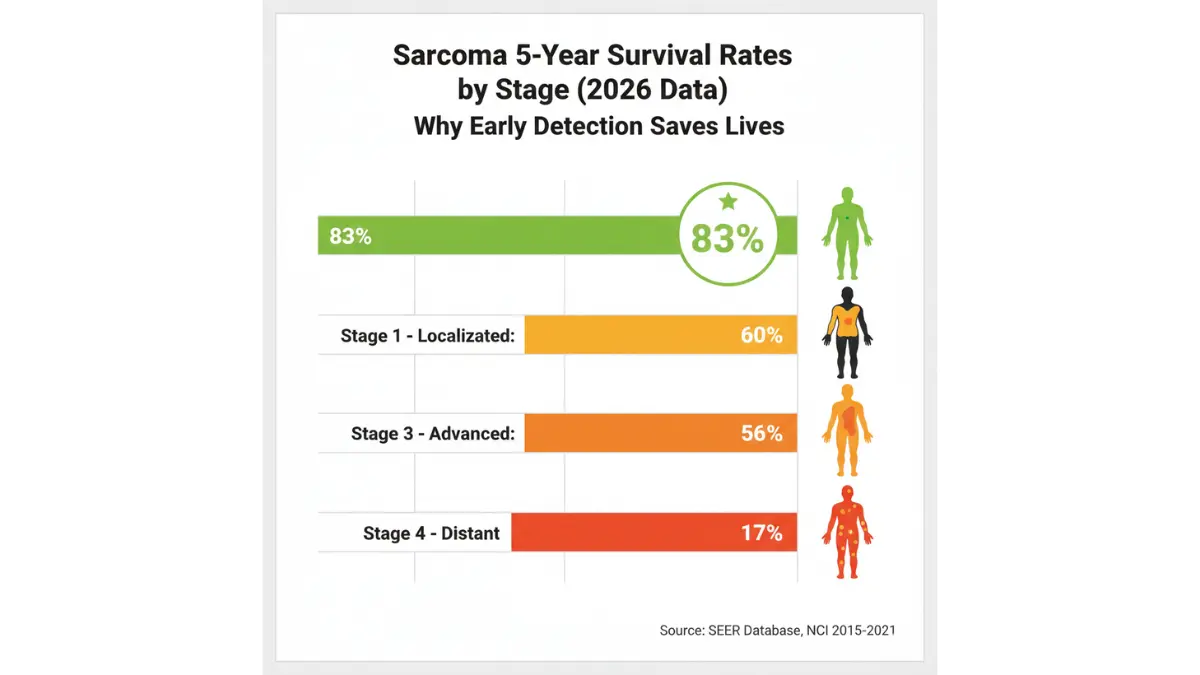 Sarcoma Cancer survival rate chart showing 83 percent survival in localized stage, 60 percent regional, 56 percent advanced, and 17 percent metastatic disease