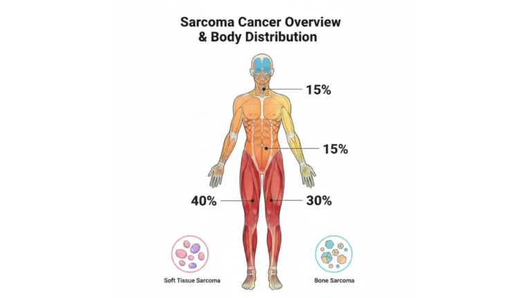 Sarcoma Cancer anatomy diagram showing body distribution with 40 percent in legs, 30 percent in trunk, 15 percent in arms, and 15 percent in head and neck